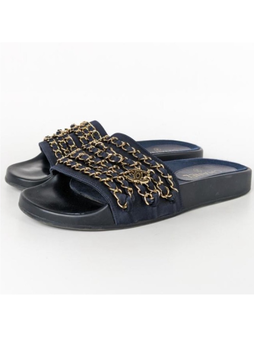 Chanel Navy Blue Chain REV Slides